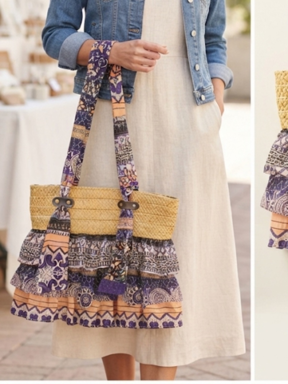 NWT Cappelli Straworld Bag Tote Purse Hand Crafted Boho Chic Ruffled Zip Close